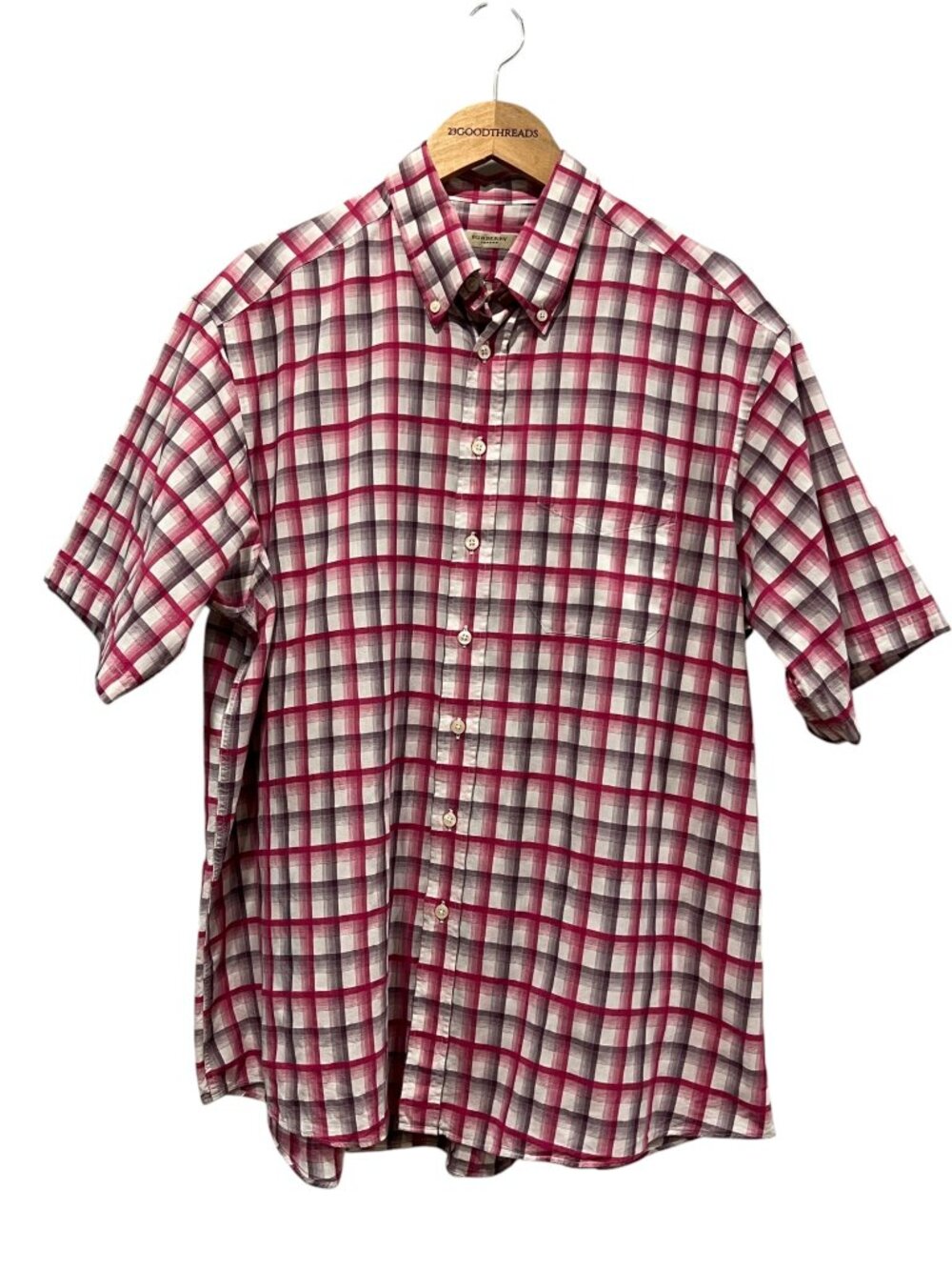Burberry London Men's Pink Purple Plaid Short Sleeve Shirt, XXL